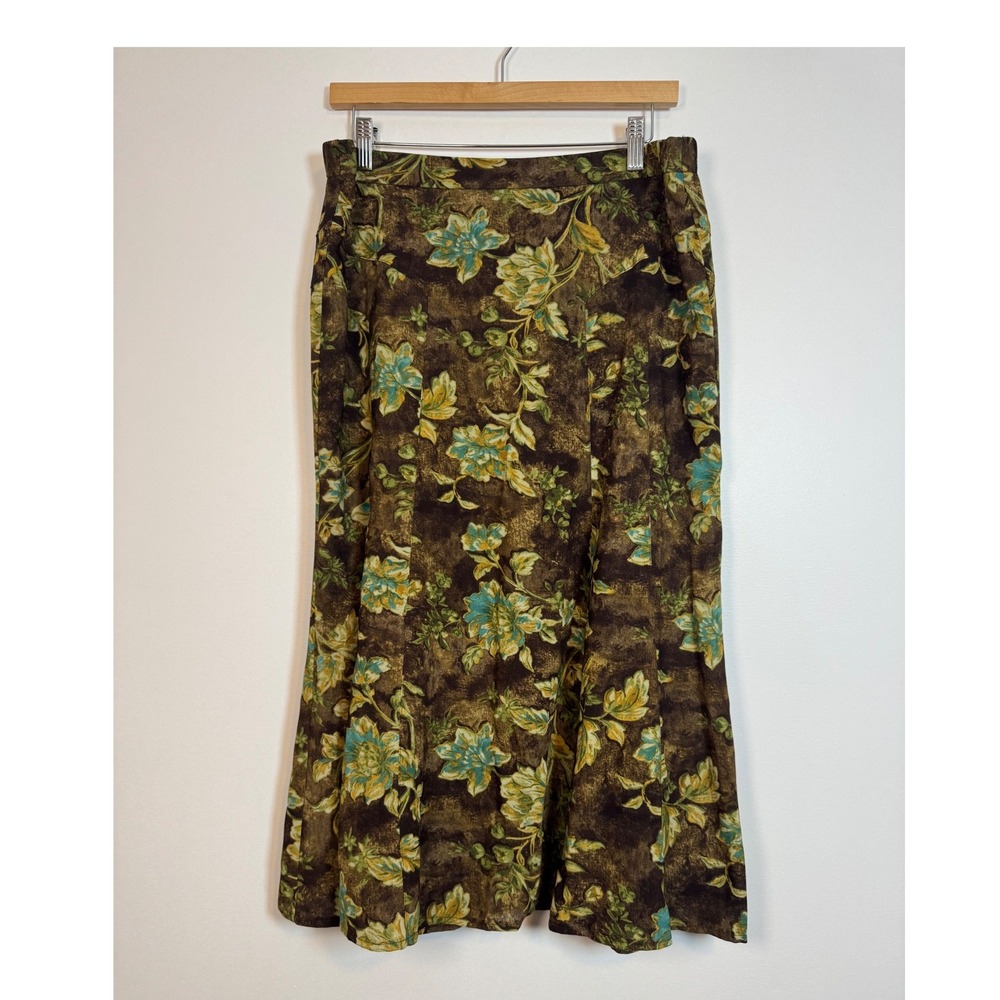 Earthy Whimsigoth RQT Floral A-Line Midi Skirt Women 10‎ Brown Teal